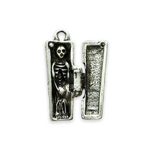 Load image into Gallery viewer, Hinged coffin locket charm pendant with mini skeleton 1pc pewter shiny silver 29mm