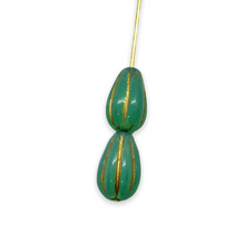 Load image into Gallery viewer, Czech glass melon drop beads 10pc turquoise gold 13x8mm UV glow #2