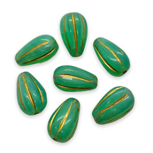 Load image into Gallery viewer, Czech glass melon drop beads 10pc turquoise gold 13x8mm UV glow #2-Orange Grove Beads