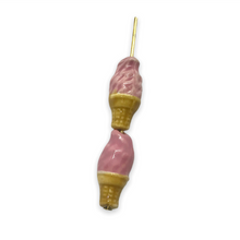 Load image into Gallery viewer, Tiny strawberry ice cream cone beads Peruvian ceramic 4pc 17x8mm