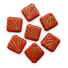 Load image into Gallery viewer, Czech glass Art Deco Diamond Fan Beads 10pc coral red gold 17mm