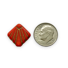 Load image into Gallery viewer, Czech glass Art Deco Diamond Fan Beads 10pc coral red gold 17mm