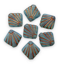 Load image into Gallery viewer, Czech glass Art Deco Diamond Fan Beads 10pc opaline blue copper 17mm