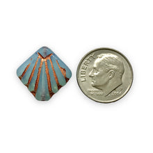 Load image into Gallery viewer, Czech glass Art Deco Diamond Fan Beads 10pc opaline blue copper 17mm