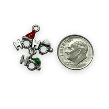 Load image into Gallery viewer, HO HO HO Christmas Santa hat charm 2pc antique silver pewter 21x13mm