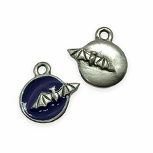 Load image into Gallery viewer, Full moon with flying bat pewter coin charm 2pc silver tone pewter & blue epoxy 15mm-Orange Grove Beads