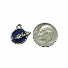 Load image into Gallery viewer, Silver tone pewter flying bat moon coin charm blue accent 15mm