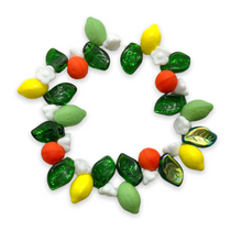 Load image into Gallery viewer, Czech glass orange lemon lime fruit beads 36pc with leaves and flowers