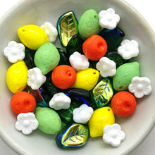 Load image into Gallery viewer, Czech glass orange lemon lime fruit beads 36pc with leaves and flowers-Orange Grove Beads