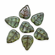 Load image into Gallery viewer, Czech glass birch leaf beads 20pc lumi green 12x10mm