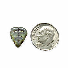 Load image into Gallery viewer, Czech glass birch leaf beads 20pc lumi green 12x10mm