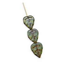 Load image into Gallery viewer, Czech glass birch leaf beads 20pc lumi green 12x10mm