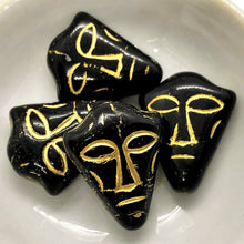 Load image into Gallery viewer, Czech glass tribal mask tiki beads 4pcs jet black with gold inlay 25x20mm-Orange Grove Beads