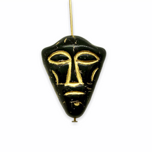 Load image into Gallery viewer, Czech glass XL tribal mask tiki focal beads 4pcs jet black gold 25x20mm