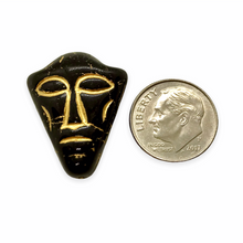 Load image into Gallery viewer, Czech glass XL tribal mask tiki focal beads 4pcs jet black gold 25x20mm