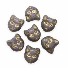 Load image into Gallery viewer, Czech glass cat face beads 10pc opaque purple with gold 13x11mm-Orange Grove Beads