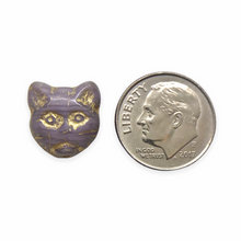 Load image into Gallery viewer, Czech glass cat face beads 19pc purple gold 13x11mm