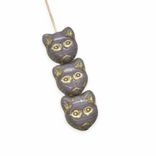 Load image into Gallery viewer, Czech glass cat face beads 19pc purple gold 13x11mm