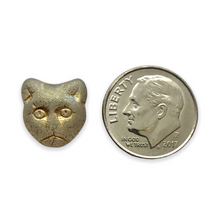 Load image into Gallery viewer, Czech glass cat head face beads 10pc frosted crystal gold 13x11mm
