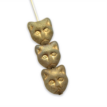 Load image into Gallery viewer, Czech glass cat head face beads 10pc frosted crystal gold 13x11mm