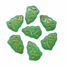 Load image into Gallery viewer, Czech glass Christmas tree beads 10pc milky opaline green gold inlay UV glow-Orange Grove Beads