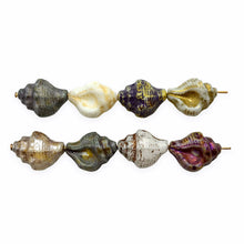 Load image into Gallery viewer, Czech glass conch seashell shell beads mix 16pc blue purple white 15x12mm