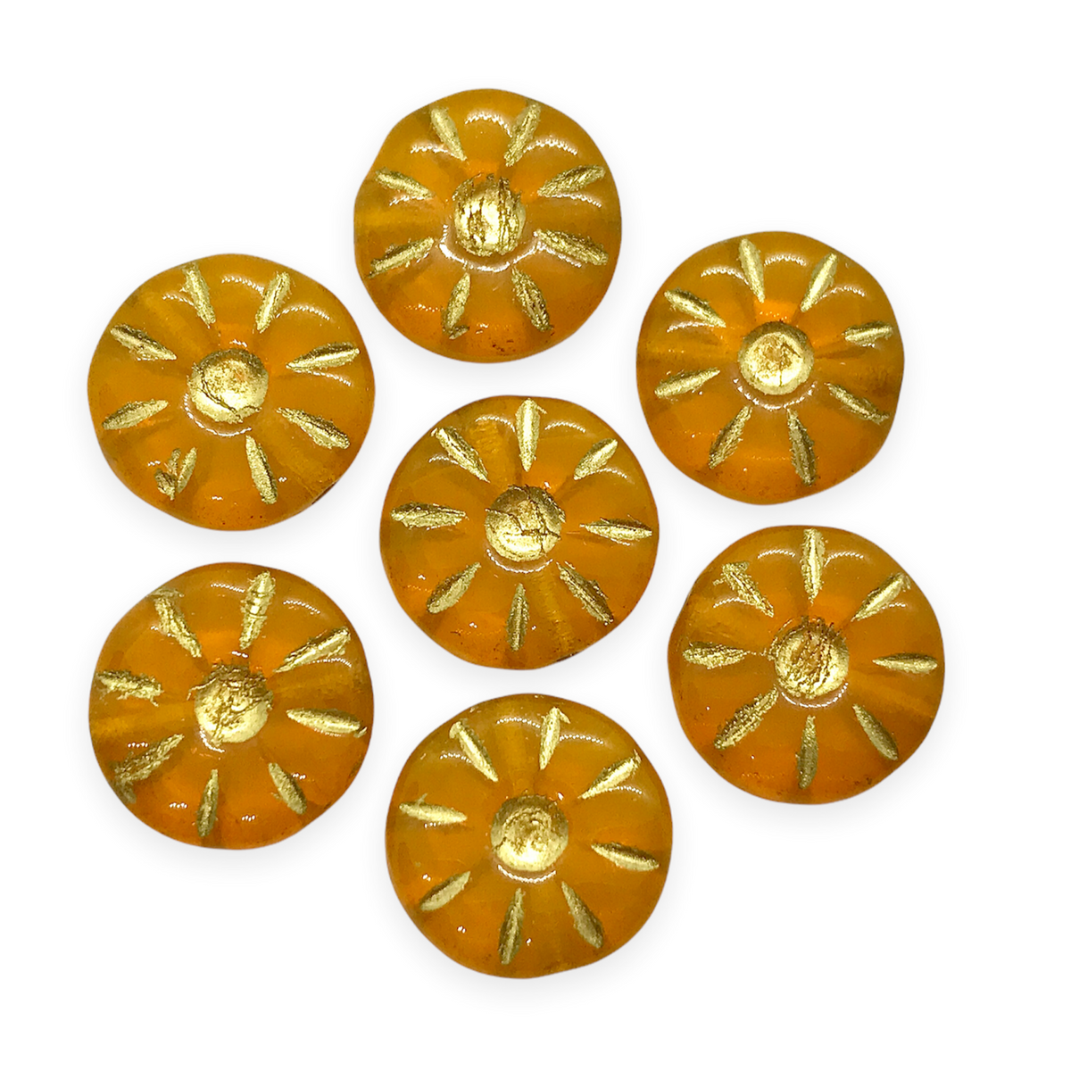 Czech glass daisy flower coin beads 10pc opaline orange gold 12mm