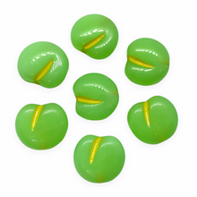 Load image into Gallery viewer, Czech glass flat apple fruit beads charms 12pc milky green yellow 12x11mm UV glow-Orange Grove Beads