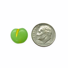Load image into Gallery viewer, Czech glass flat apple fruit beads 12pc uranium green 12x11mm