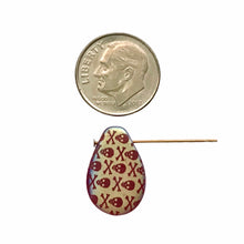 Load image into Gallery viewer, Czech glass teardrop etched skull crossbones beads 4pc matte red AB 18x12mm