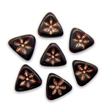 Load image into Gallery viewer, Czech glass flat triangle flower beads 20pc dark purple with copper 10mm-Orange Grove Beads