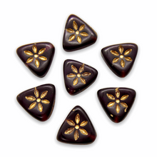 Load image into Gallery viewer, Czech glass flat triangle beads 20pc with flower dark purple gold 10mm-Orange Grove Beads