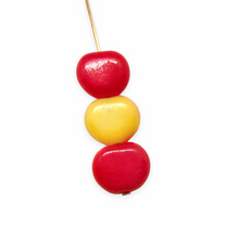 Load image into Gallery viewer, Czech glass flat apple fruit beads 12pc bi-color yellow red 12x11mm