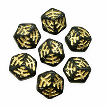 Load image into Gallery viewer, Czech glass Halloween spider web hexagon beads charms 10pc black gold 13x7mm-Orange Grove Beads