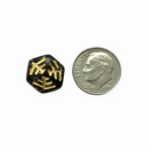 Load image into Gallery viewer, Czech glass spiderweb hexagon beads 10pc black gold 13x7mm