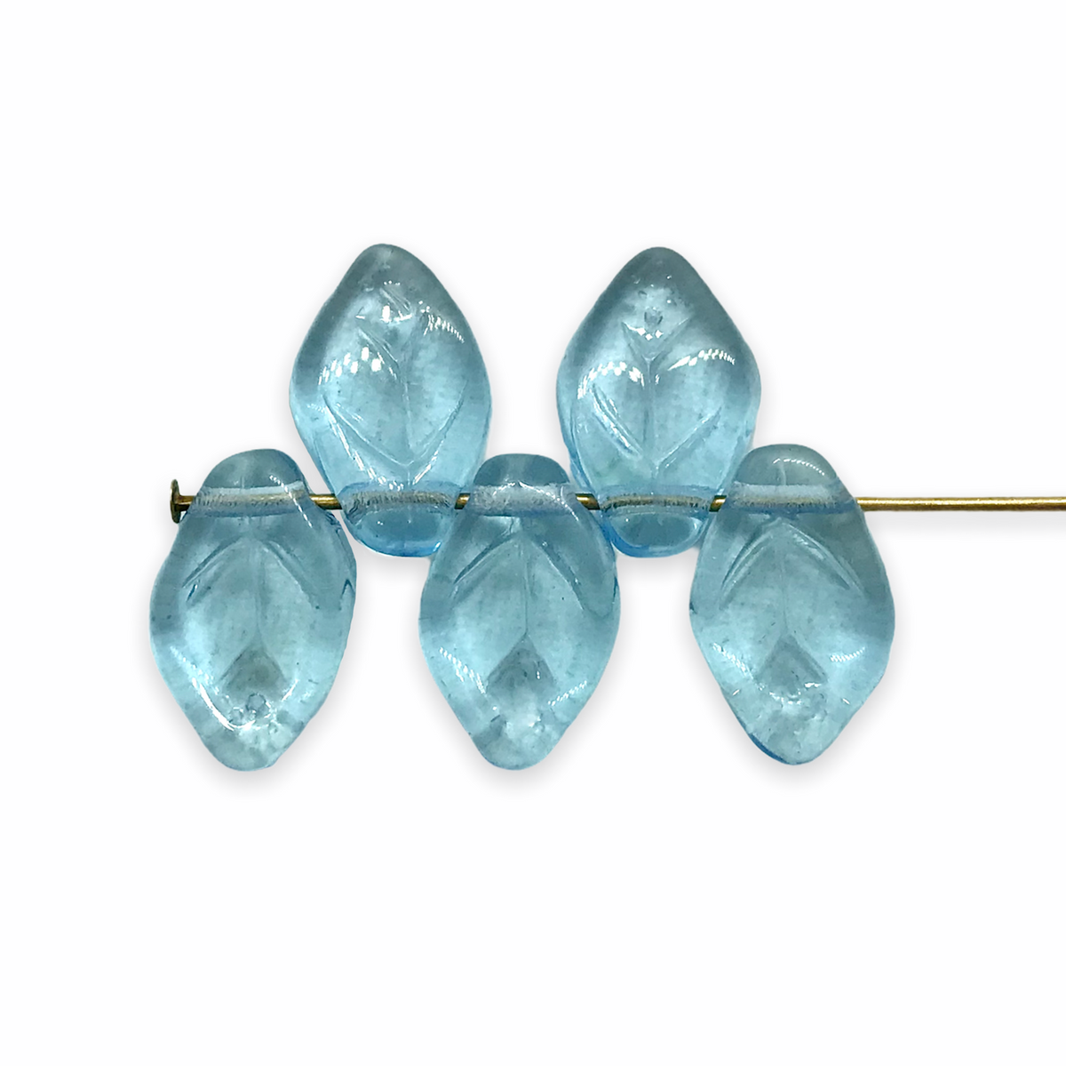 Czech glass leaf beads 25pc translucent light green blue gold AB