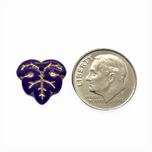 Load image into Gallery viewer, Czech glass vintage style leaf beads 16pc blue gold 12x12mm