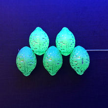 Load image into Gallery viewer, Czech glass lime fruit beads 12pc frosted uranium green metallic 14x10mm