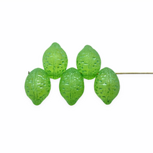 Load image into Gallery viewer, Czech glass lime fruit beads 12pc frosted uranium green metallic 14x10mm