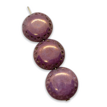 Load image into Gallery viewer, Czech glass Mayan sun coin beads 12pc violet with bronze luster 17mm
