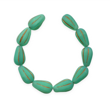 Load image into Gallery viewer, Czech glass melon drop beads 10pc uranium turquoise copper 13x8mm