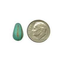 Load image into Gallery viewer, Czech glass melon drop beads 10pc uranium turquoise copper 13x8mm