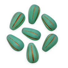 Load image into Gallery viewer, Czech glass melon drop beads 10pc matte turquoise copper 13x8mm UV glow-Orange Grove Beads