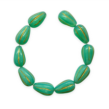 Load image into Gallery viewer, Czech glass melon drop beads 10pc turquoise gold 13x8mm UV glow-Orange Grove Beads