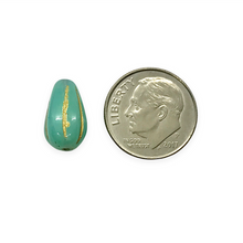 Load image into Gallery viewer, Czech glass melon drop beads 10pc turquoise gold 13x8mm UV glow