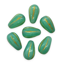 Load image into Gallery viewer, Czech glass melon drop beads 10pc turquoise gold 13x8mm UV glow-Orange Grove Beads