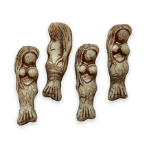 Load image into Gallery viewer, Czech glass mermaid beads charms 4pc beige brown inlay 25mm-Orange Grove Beads
