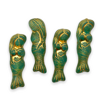 Load image into Gallery viewer, Czech glass mermaid beads charms 4pc matte teal gold wash 25mm-Orange Grove Beads