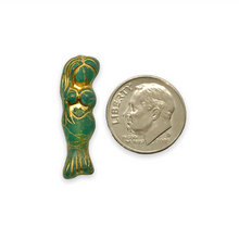 Load image into Gallery viewer, Czech glass mermaid beads 4pc matte teal gold 25mm