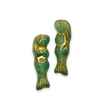 Load image into Gallery viewer, Czech glass mermaid beads 4pc matte teal gold 25mm
